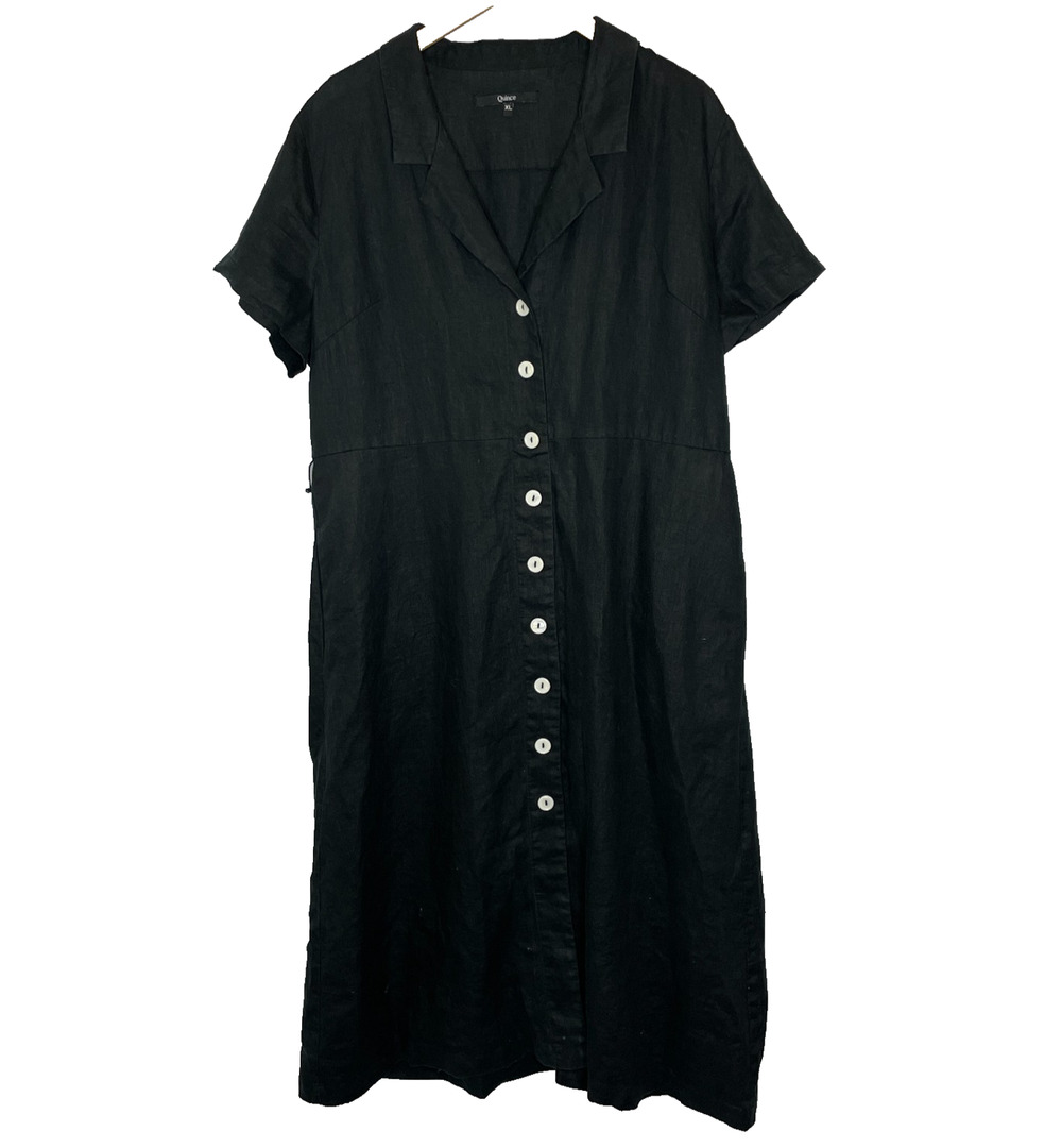 Women's XL Quince Black 100% Linen Button Front Midi Shirt Dress